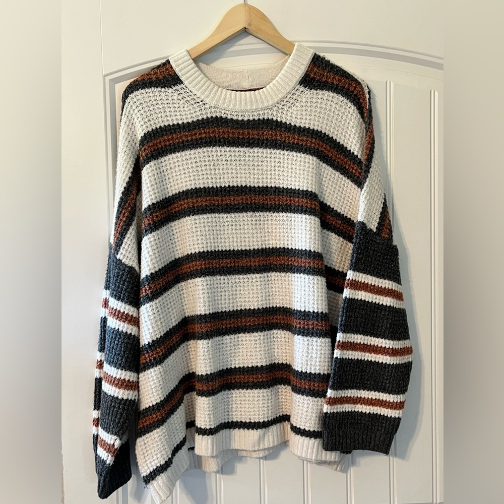 American Eagle Outfitters Striped Crewneck Sweater in White, Black & Brown